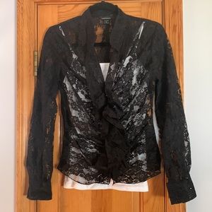 Victoria’s Secret black sheer lace zip front v neck blouse